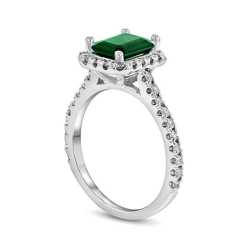 Emerald-Cut Emerald and 0.5 CT. TW Diamond Frame Engagement Ring in 14K White Gold