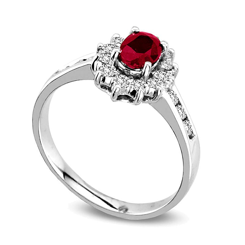 Oval Ruby and 0.25 CT. TW Diamond Sunburst Frame Ring in 14K White Gold