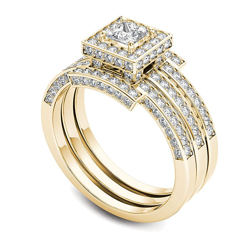 1.38 CT. TW Princess-Cut Diamond Frame Three Piece Bridal Set in 14K Gold