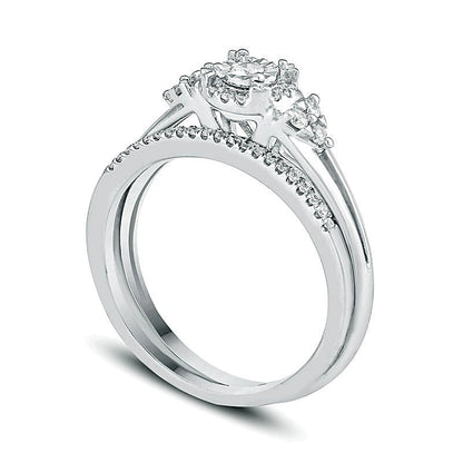 0.25 CT. TW Diamond Frame Tri-Sides Bridal Set in Sterling Silver