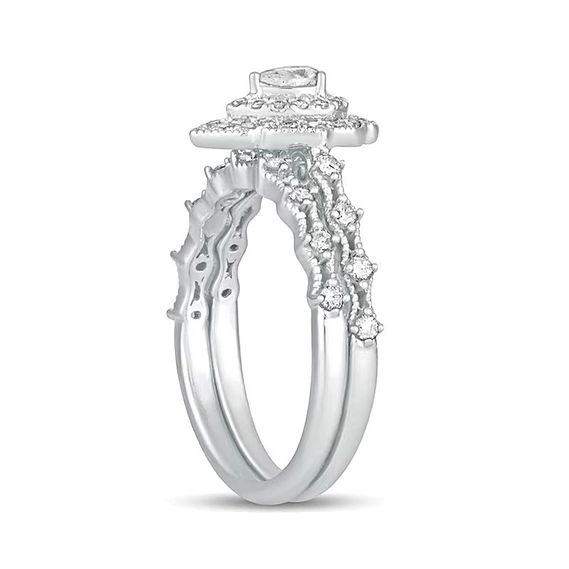 0.63 CT. TW Pear-Shaped Diamond Double Frame Vintage-Style Bridal Set in 10K White Gold