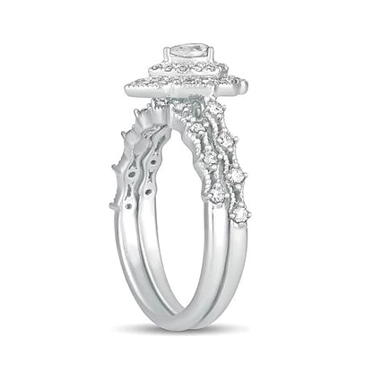 0.63 CT. TW Pear-Shaped Diamond Double Frame Vintage-Style Bridal Set in 10K White Gold