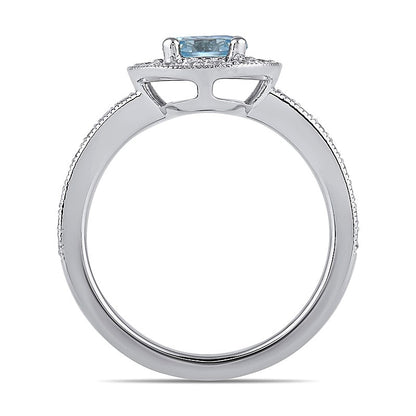 6.0mm Aquamarine and 0.38 CT. TW Lab-Grown Diamond Frame Vintage-Style Ring in 14K White Gold