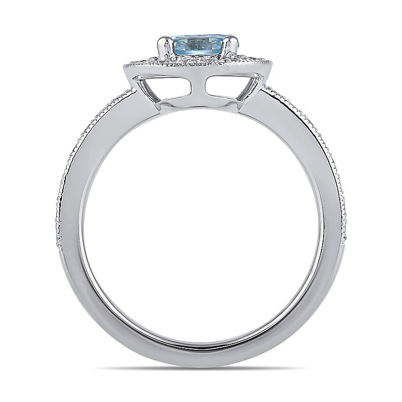 6.0mm Aquamarine and 0.38 CT. TW Lab-Grown Diamond Frame Vintage-Style Ring in 14K White Gold