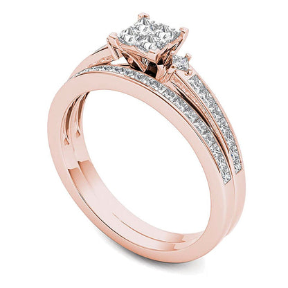 1.0 CT. TW Quad Princess-Cut Multi-Diamond Bridal Set in 14K Rose Gold