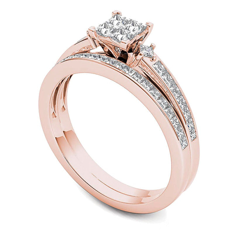 1.0 CT. TW Quad Princess-Cut Multi-Diamond Bridal Set in 14K Rose Gold