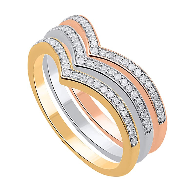 0.33 CT. TW Diamond and Polished Border Chevron Three Piece Stackable Ring Set in Sterling Silver and Two-Tone Rhodium