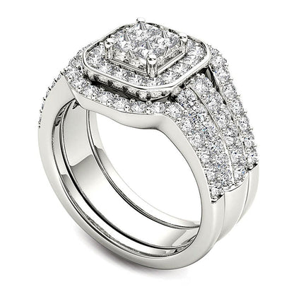 1.75 CT. TW Quad Princess-Cut Diamond Frame Three Piece Bridal Set in 14K White Gold