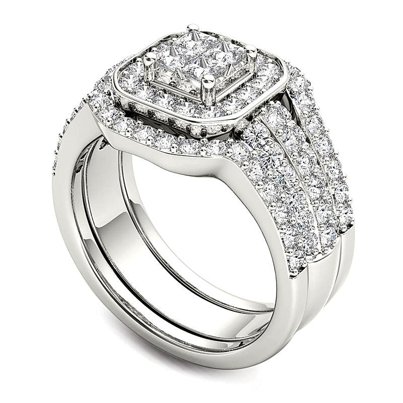 1.75 CT. TW Quad Princess-Cut Diamond Frame Three Piece Bridal Set in 14K White Gold