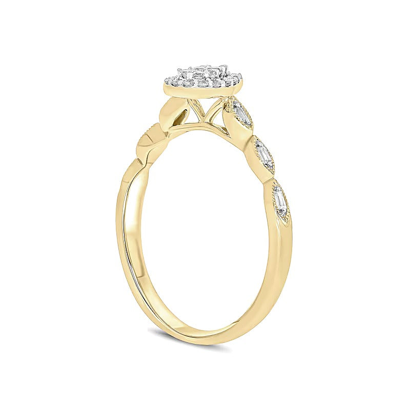 0.2 CT. TW Composite Baguette and Round Diamond Pear-Shaped Frame Scallop Shank Promise Ring in 10K Gold