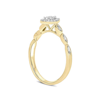 0.2 CT. TW Composite Baguette and Round Diamond Pear-Shaped Frame Scallop Shank Promise Ring in 10K Gold