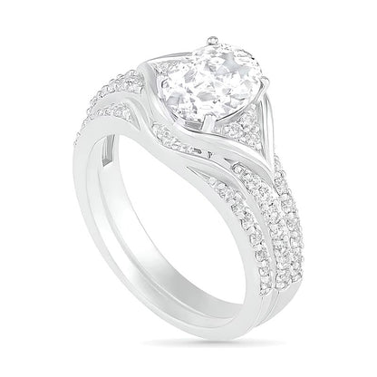 Oval Lab-Created White Sapphire Tri-Sides Split Frame Multi-Row Bridal Set in Sterling Silver