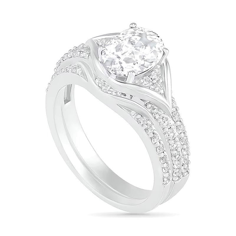 Oval Lab-Created White Sapphire Tri-Sides Split Frame Multi-Row Bridal Set in Sterling Silver