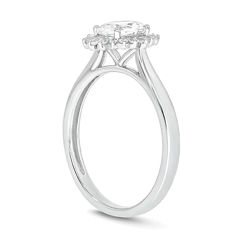 Oval White Lab-Created Sapphire and 0.17 CT. TW Diamond Starburst Frame Engagement Ring in 10K White Gold