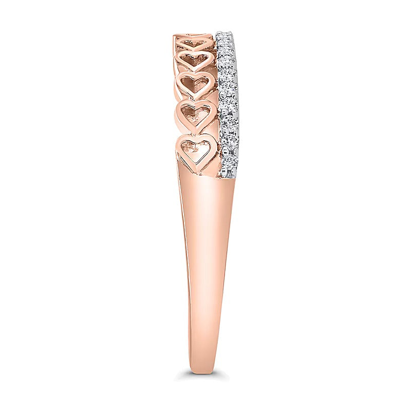 0.13 CT. TW Diamond Edge and Hearts Double Row Stackable Band in 10K Rose Gold