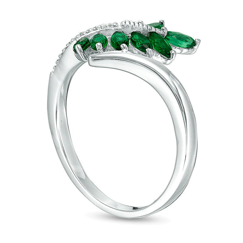 Marquise Lab-Created Emerald and Diamond Accent Bypass Leaf Ring in Sterling Silver