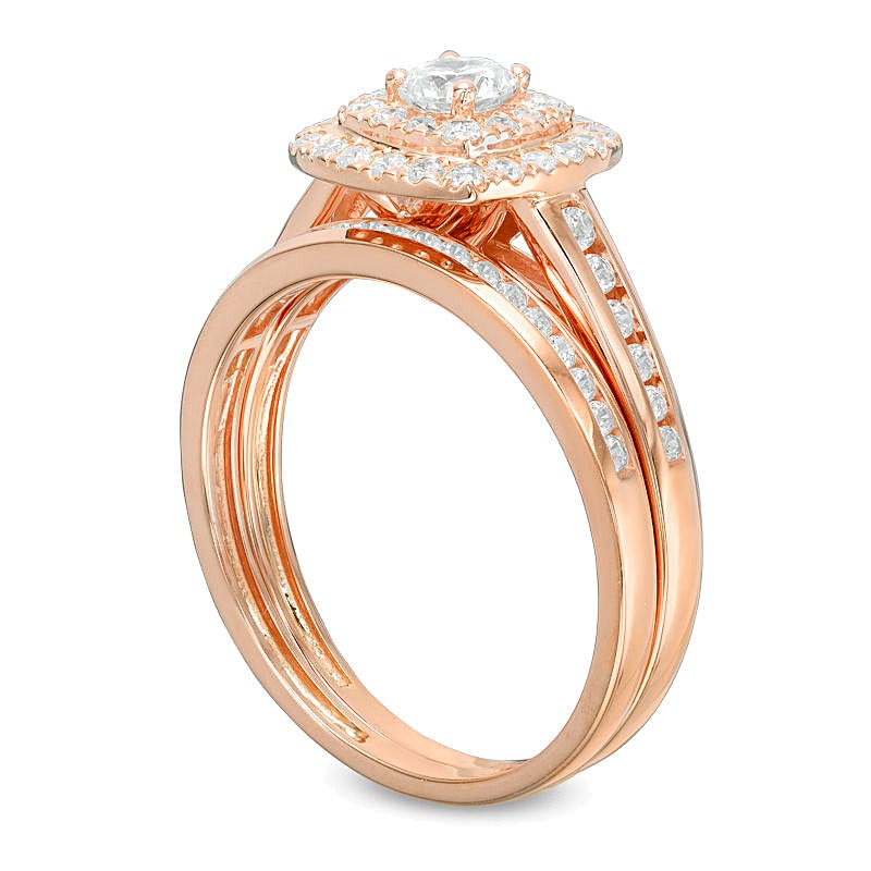 0.75 CT. TW Diamond Double Cushion Frame Channel Bridal Set in 10K Rose Gold