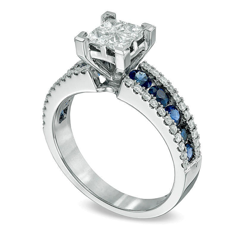0.75 CT. TW Quad Princess-Cut Diamond and Blue Sapphire Ring in 14K White Gold