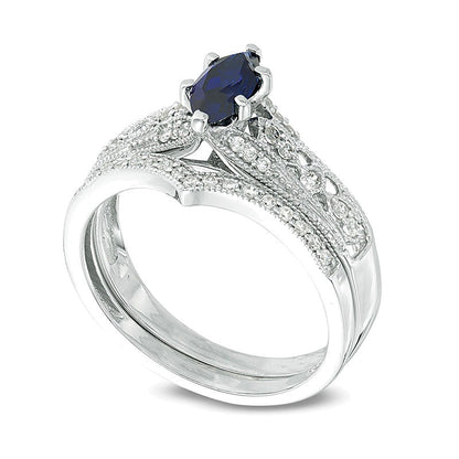 Marquise Lab-Created Blue Sapphire and 0.2 CT. TW Diamond Vintage-Style Bridal Set in 10K White Gold