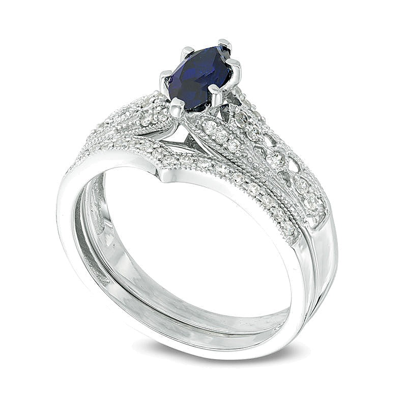Marquise Lab-Created Blue Sapphire and 0.2 CT. TW Diamond Vintage-Style Bridal Set in 10K White Gold