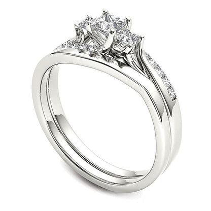 0.5 CT. TW Princess-Cut Diamond Three Stone Bypass Bridal Set in 14K White Gold
