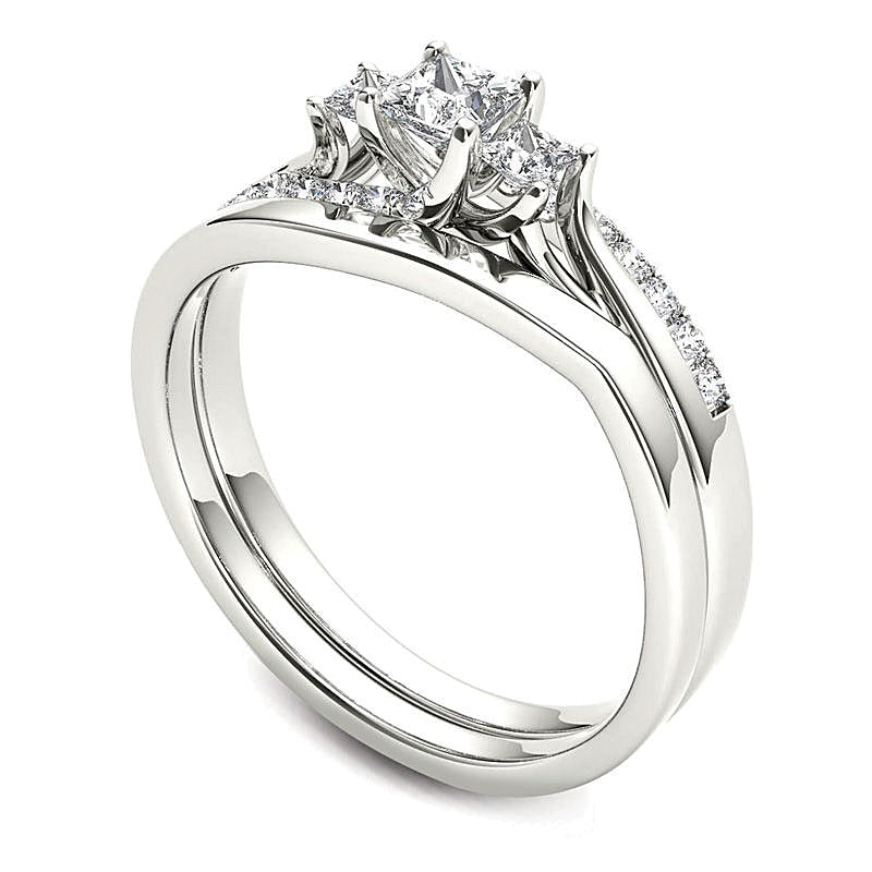 0.5 CT. TW Princess-Cut Diamond Three Stone Bypass Bridal Set in 14K White Gold