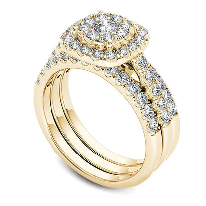 1.5 CT. TW Multi-Diamond Frame Three Piece Bridal Set in 14K Gold