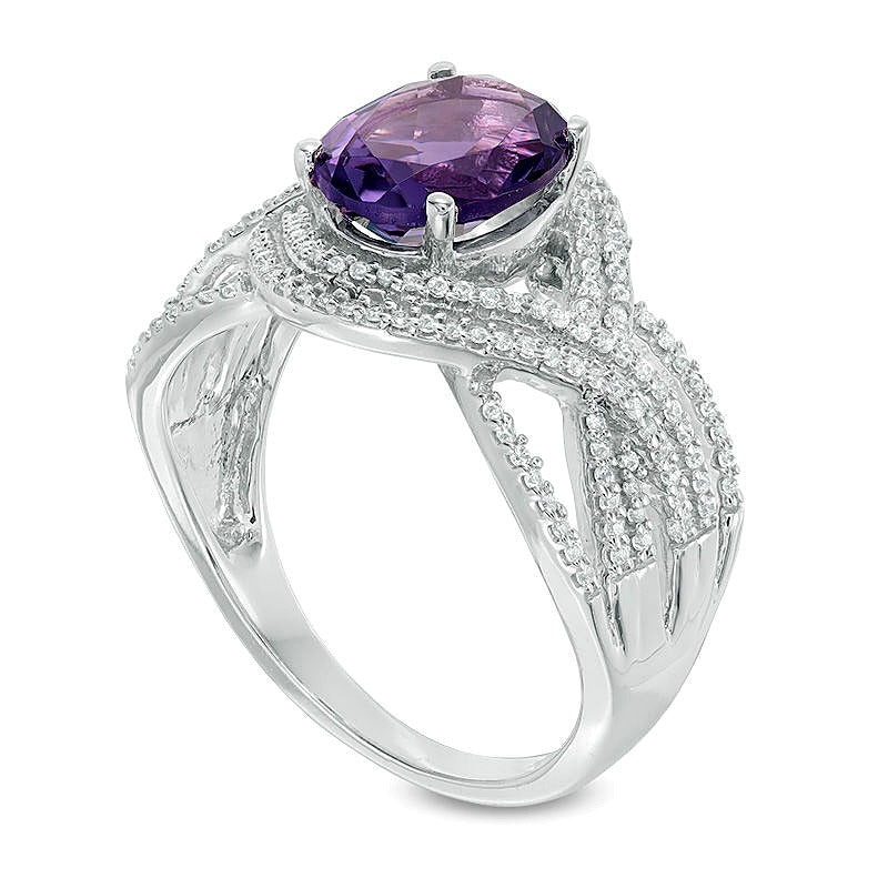 Oval Amethyst and 0.33 CT. TW Diamond Double Row Twist Ring in 10K White Gold