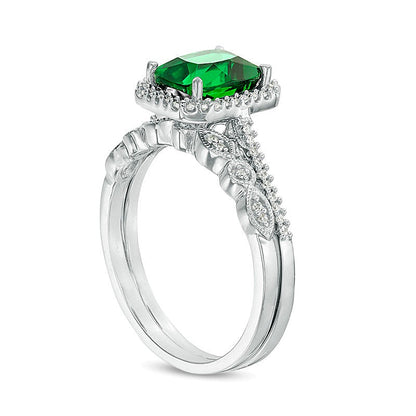 Cushion-Cut Lab-Created Emerald and 0.2 CT. TW Diamond Octagon Frame Vintage-Style Bridal Set in Sterling Silver