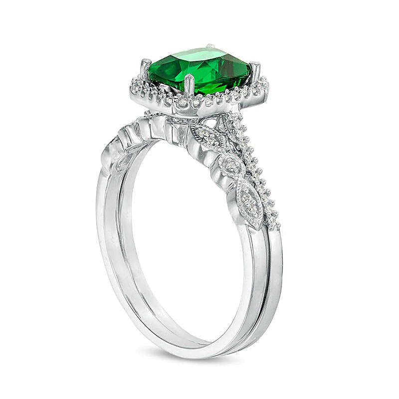 Cushion-Cut Lab-Created Emerald and 0.2 CT. TW Diamond Octagon Frame Vintage-Style Bridal Set in Sterling Silver