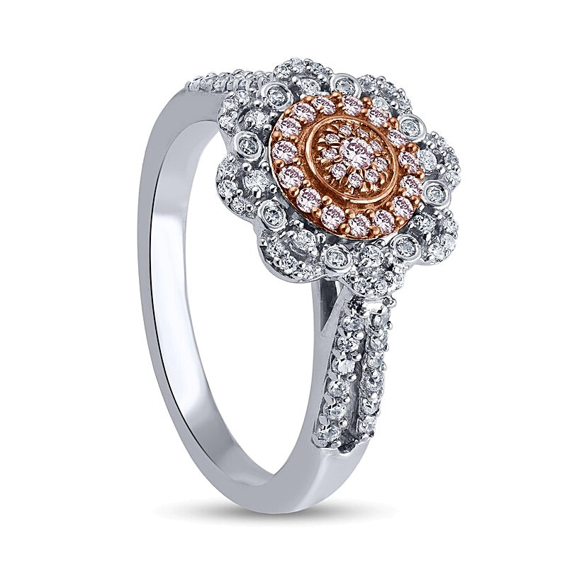 0.5 CT. TW Pink and White Multi-Diamond Scallop Frame Ring in 10K Two-Tone Gold