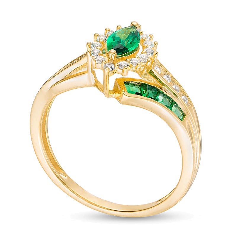 Marquise Emerald and 0.17 CT. TW Diamond Double Row Bypass Ring in 10K Gold