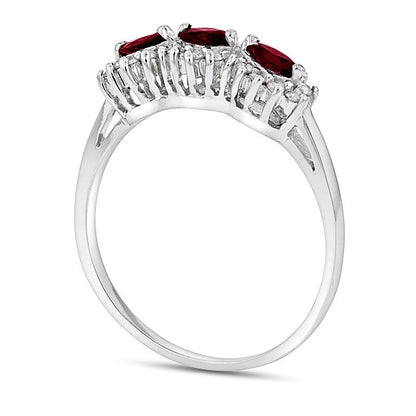 Sideways Marquise Ruby and 0.2 CT. TW Diamond Frame Three Stone Ring in 14K White Gold