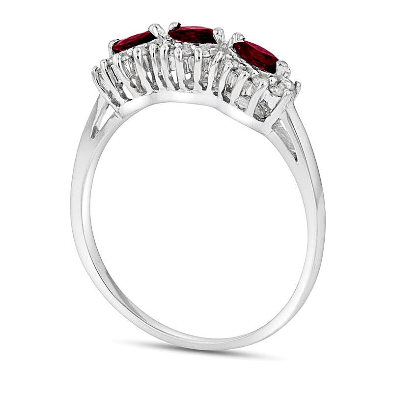 Sideways Marquise Ruby and 0.2 CT. TW Diamond Frame Three Stone Ring in 14K White Gold