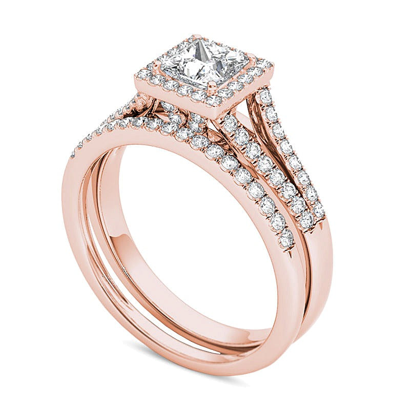 1.0 CT. TW Princess-Cut Diamond Frame Split Shank Bridal Set in 14K Rose Gold