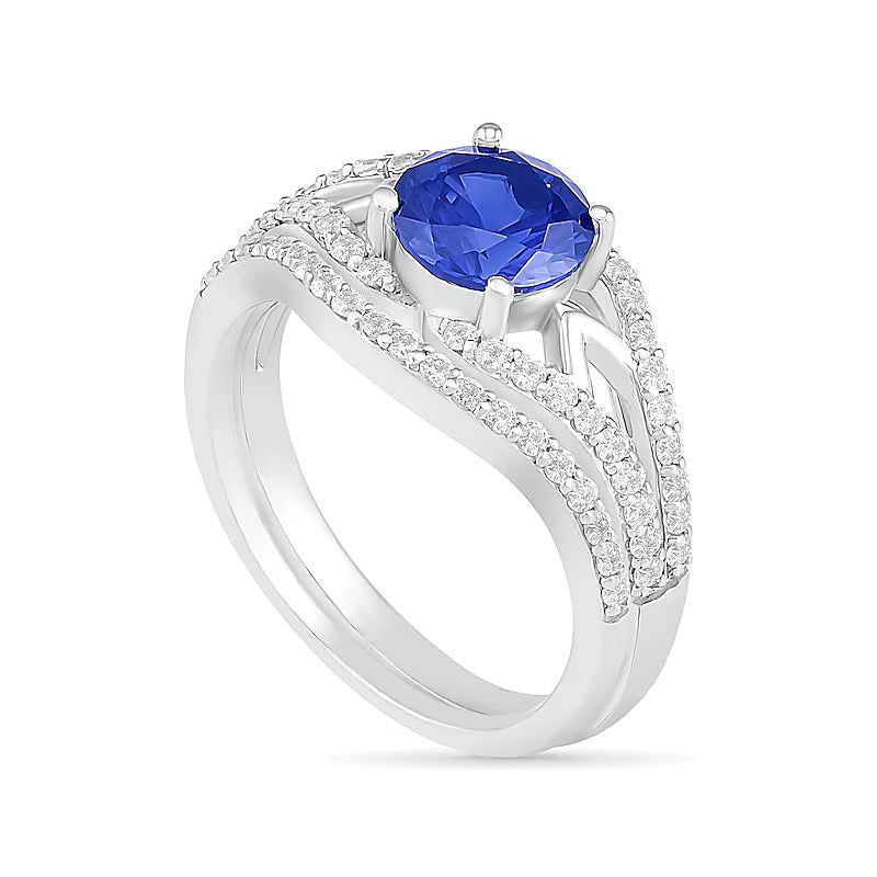 7.0mm Lab-Created Blue and White Sapphire Geometric Pointed Split Shank Bridal Set in Sterling Silver