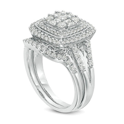 1.0 CT. TW Multi-Diamond Double Cushion Frame Bridal Set in 10K White Gold