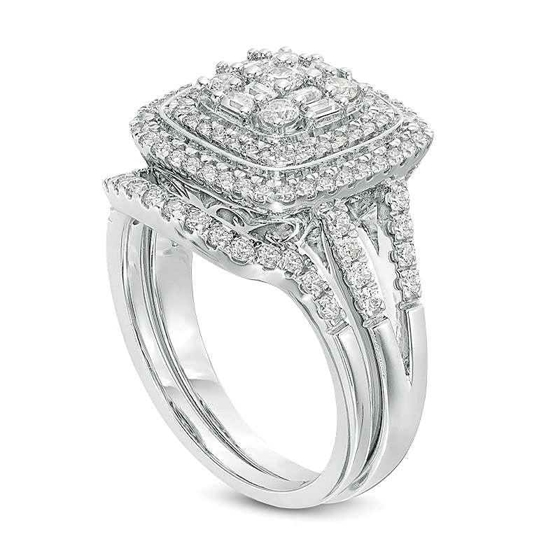 1.0 CT. TW Multi-Diamond Double Cushion Frame Bridal Set in 10K White Gold