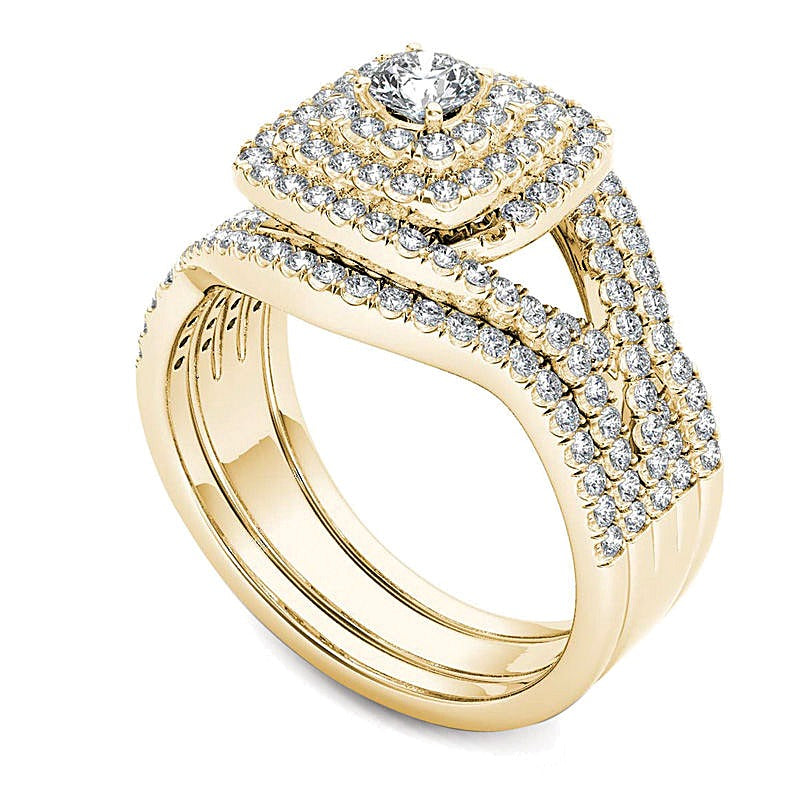 1.0 CT. TW Diamond Cushion Frame Split Shank Three Piece Bridal Set in 14K Gold