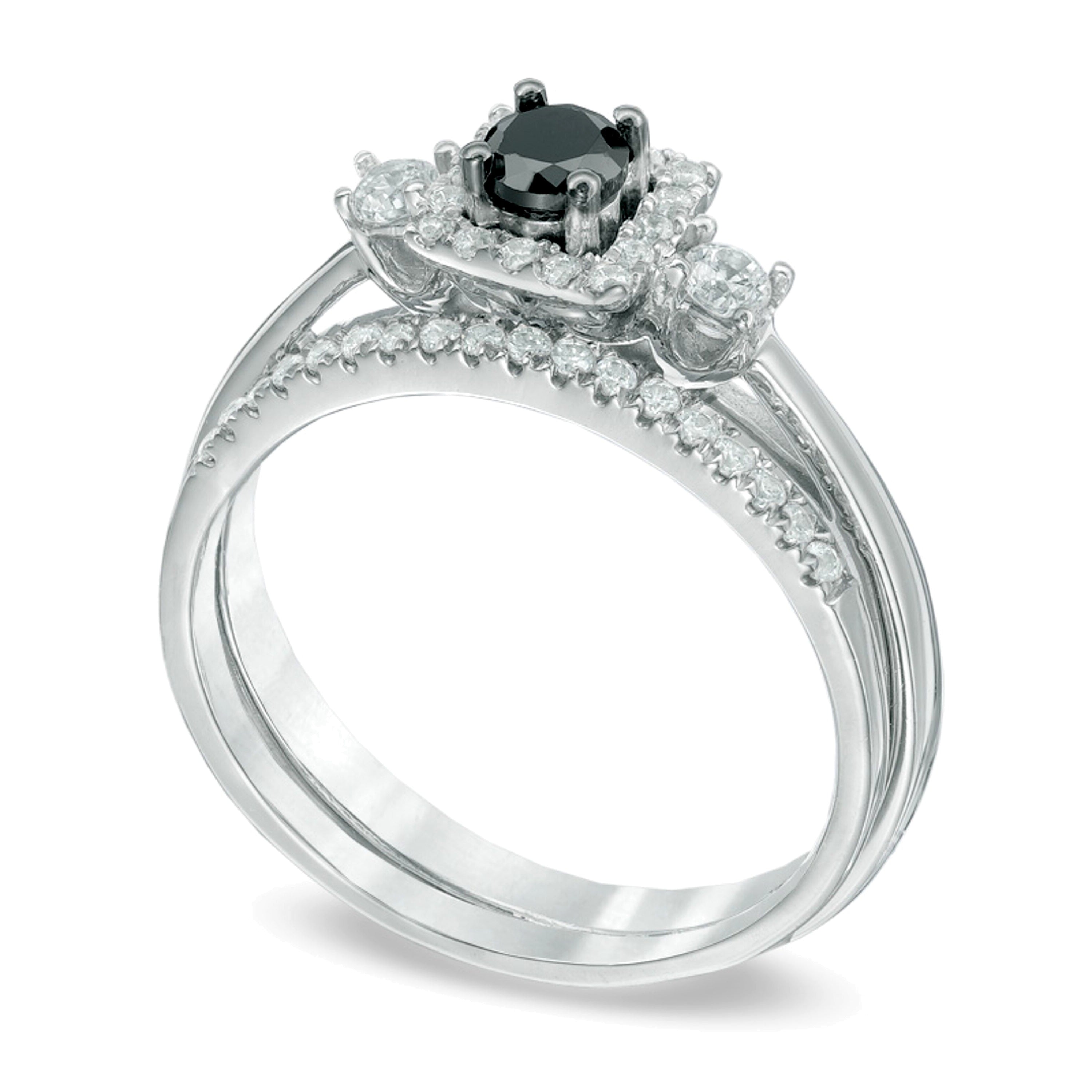 0.5 CT. TW Enhanced Black and White Diamond Three Stone Bridal Set in 10K White Gold