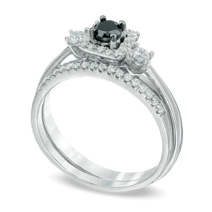 0.5 CT. TW Enhanced Black and White Diamond Three Stone Bridal Set in 10K White Gold