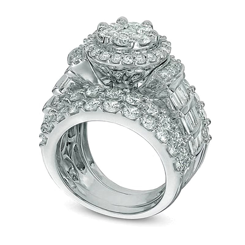 5.0 CT. TW Diamond Cluster Frame Three Piece Bridal Set in 14K White Gold