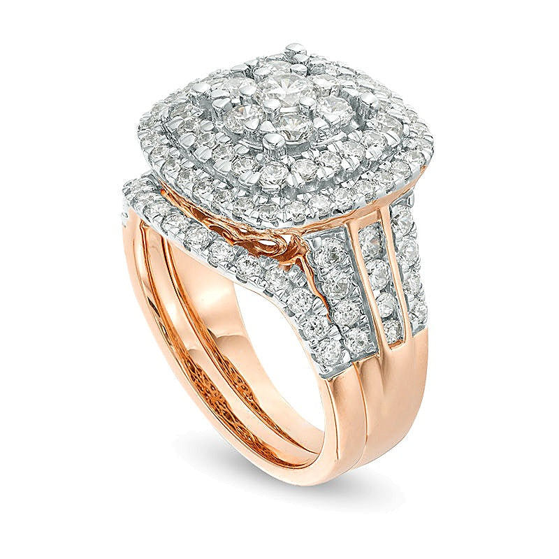 2.0 CT. TW Diamond Triple Cushion Frame Bridal Set in 10K Rose Gold