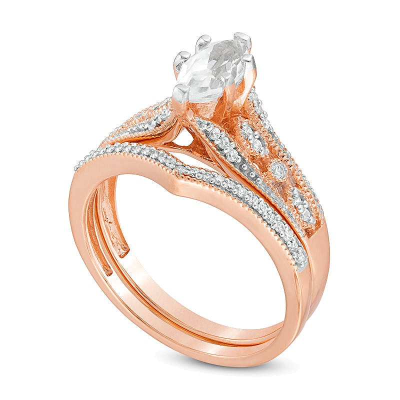 Lab-Created Marquise White Sapphire and 0.2 CT. TW Diamond Bridal Set in 10K Rose Gold
