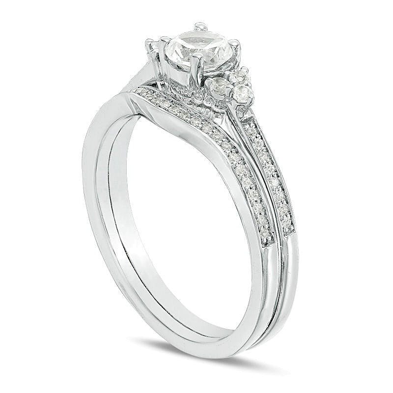 Lab-Created White Sapphire and 0.1 CT. TW Diamond Tri-Sides Bridal Set in Sterling Silver