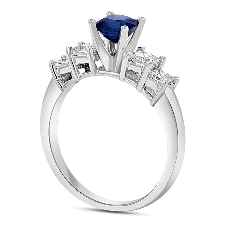 5.0mm Cushion-Cut Blue Sapphire and 0.63 CT. TW Princess-Cut Diamond Engagement Ring in 14K White Gold