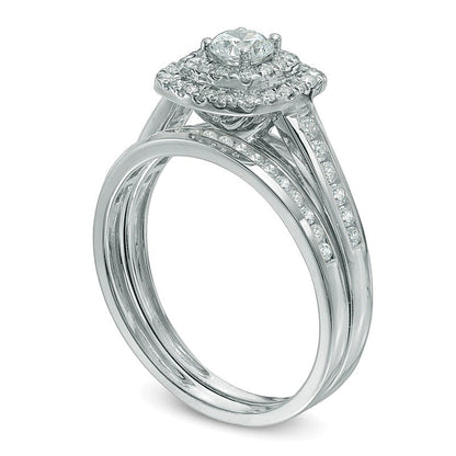 0.75 CT. TW Diamond Cushion-Shaped Double Frame Bridal Set in 10K White Gold