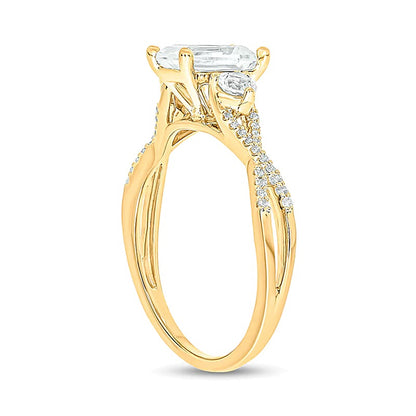 Emerald-Cut White lab-Created Sapphire and 0.1 CT. TW Diamond Three Stone Ring in Sterling Silver and 14K Gold Plate