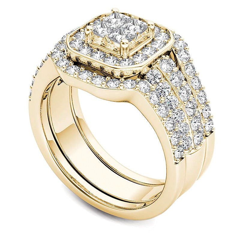 1.75 CT. TW Quad Princess-Cut Diamond Frame Three Piece Bridal Set in 14K Gold