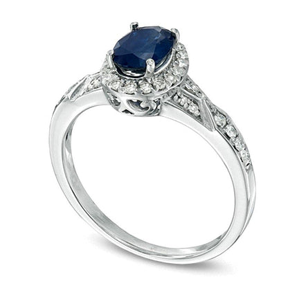 Oval Blue Sapphire and 0.2 CT. TW Diamond Ring in Sterling Silver